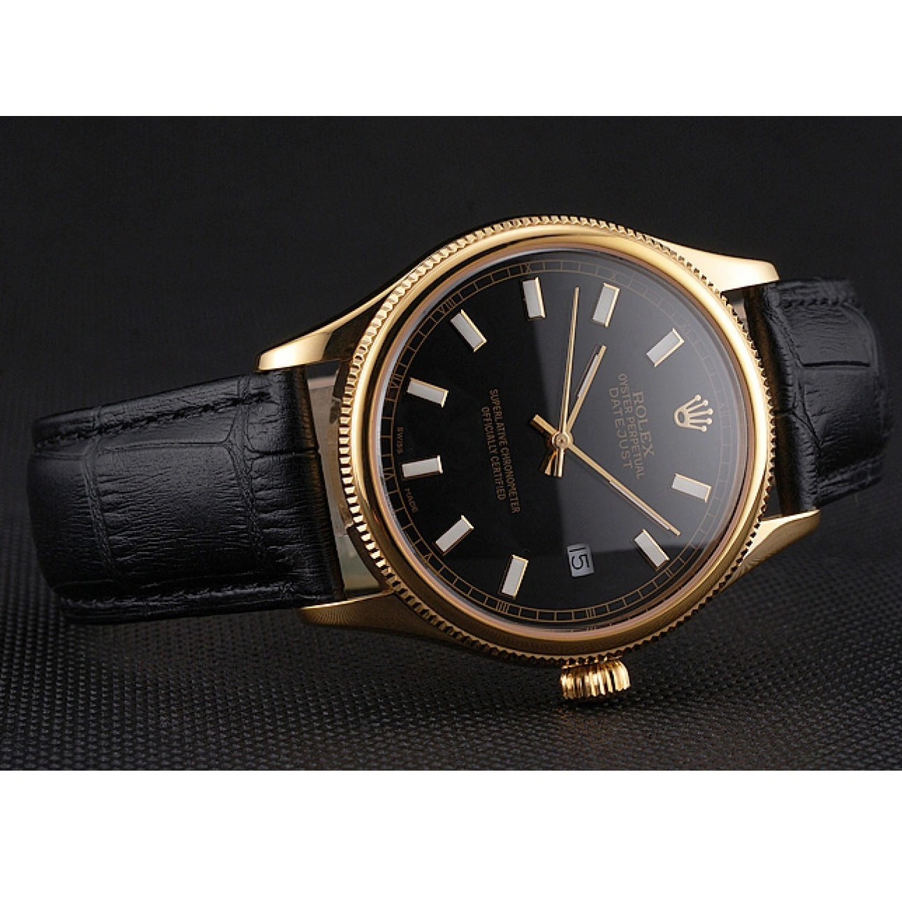 Aaa replica Swiss Strap Black Leather Dial Case Datejust Black Gold Rolex 0707